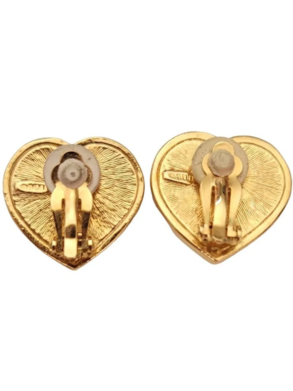 Avon Gold Tone Clear Rhinestone Faux Pearl Heart Shape Clip-On Earrings, E813